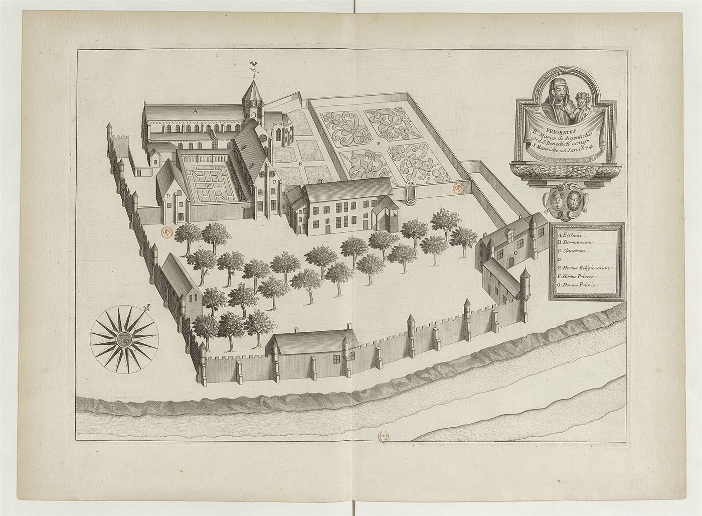 Gestochene Ansicht des Hauses im Monasticon Gallicanum: Prieuré Notre-Dame d’Argenteuil (l’Humilité de Notre-Dame)