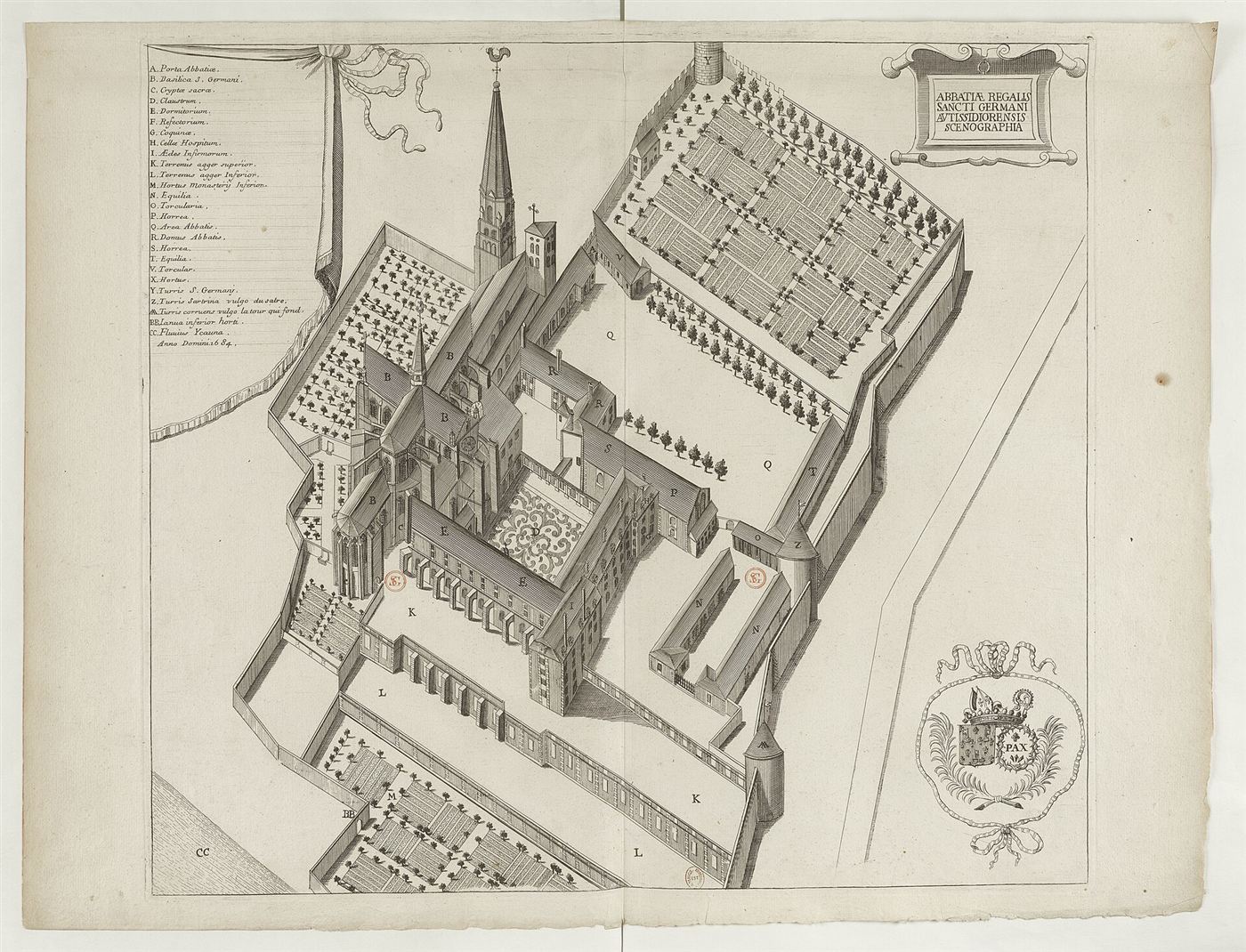 Gestochene Ansicht des Hauses im Monasticon Gallicanum: Abbaye Saint-Germain d’Auxerre
