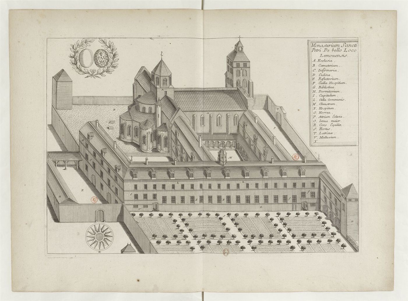 Gestochene Ansicht des Hauses im Monasticon Gallicanum: Abbaye Saint-Pierre de Beaulieu