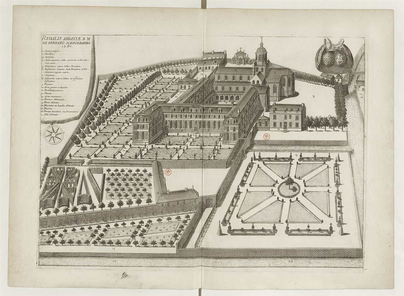 Gestochene Ansicht des Hauses im Monasticon Gallicanum: Abbaye Notre-Dame de Bernay