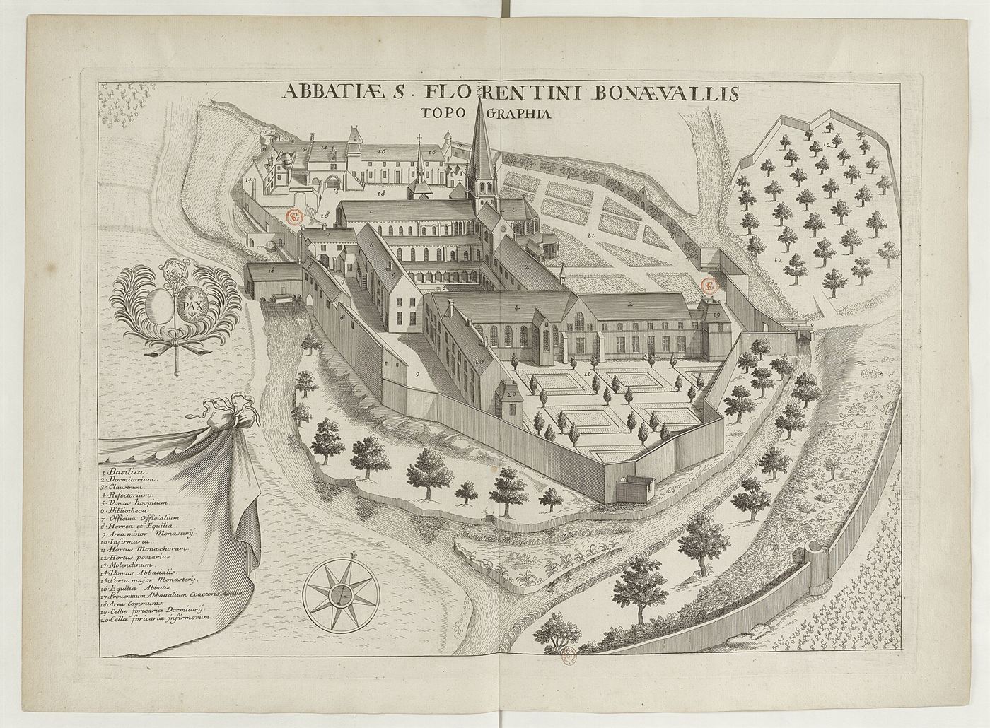 Gestochene Ansicht des Hauses im Monasticon Gallicanum: Abbaye Saint-Florentin de Bonneval