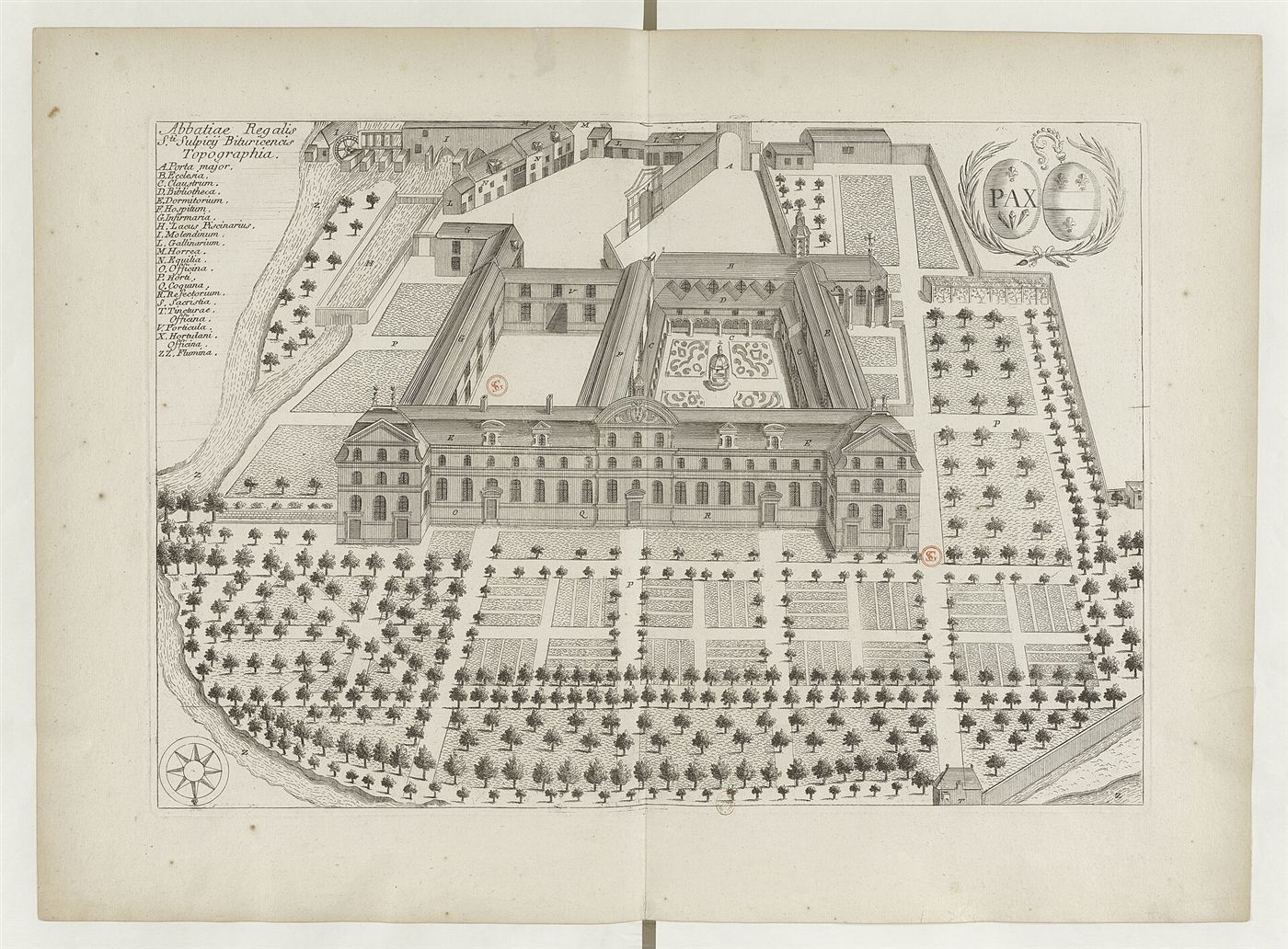 Gestochene Ansicht des Hauses im Monasticon Gallicanum: Abbaye Saint-Sulpice de Bourges