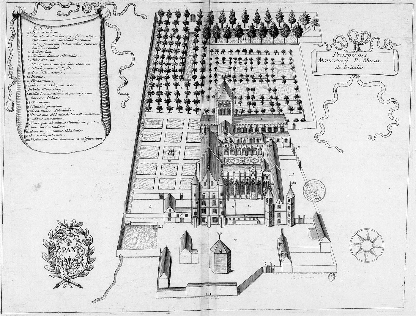 Gestochene Ansicht des Hauses im Monasticon Gallicanum: Abbaye Notre-Dame de Breteuil