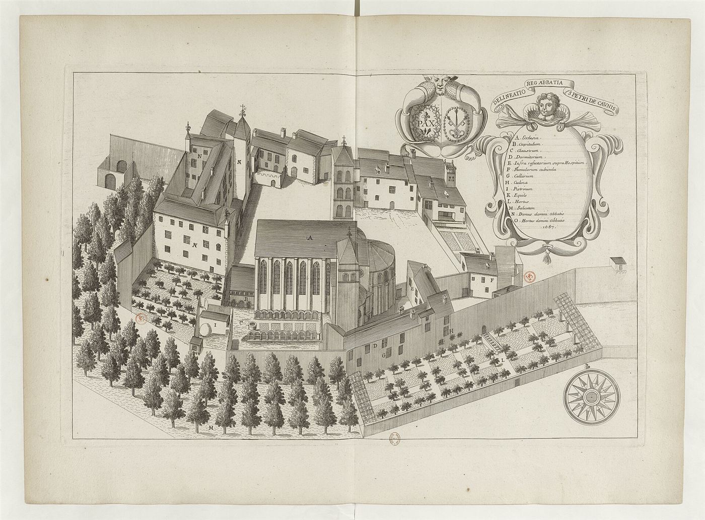 Gestochene Ansicht des Hauses im Monasticon Gallicanum: Abbaye Saint-Pierre-et-Saint-Paul de Caunes