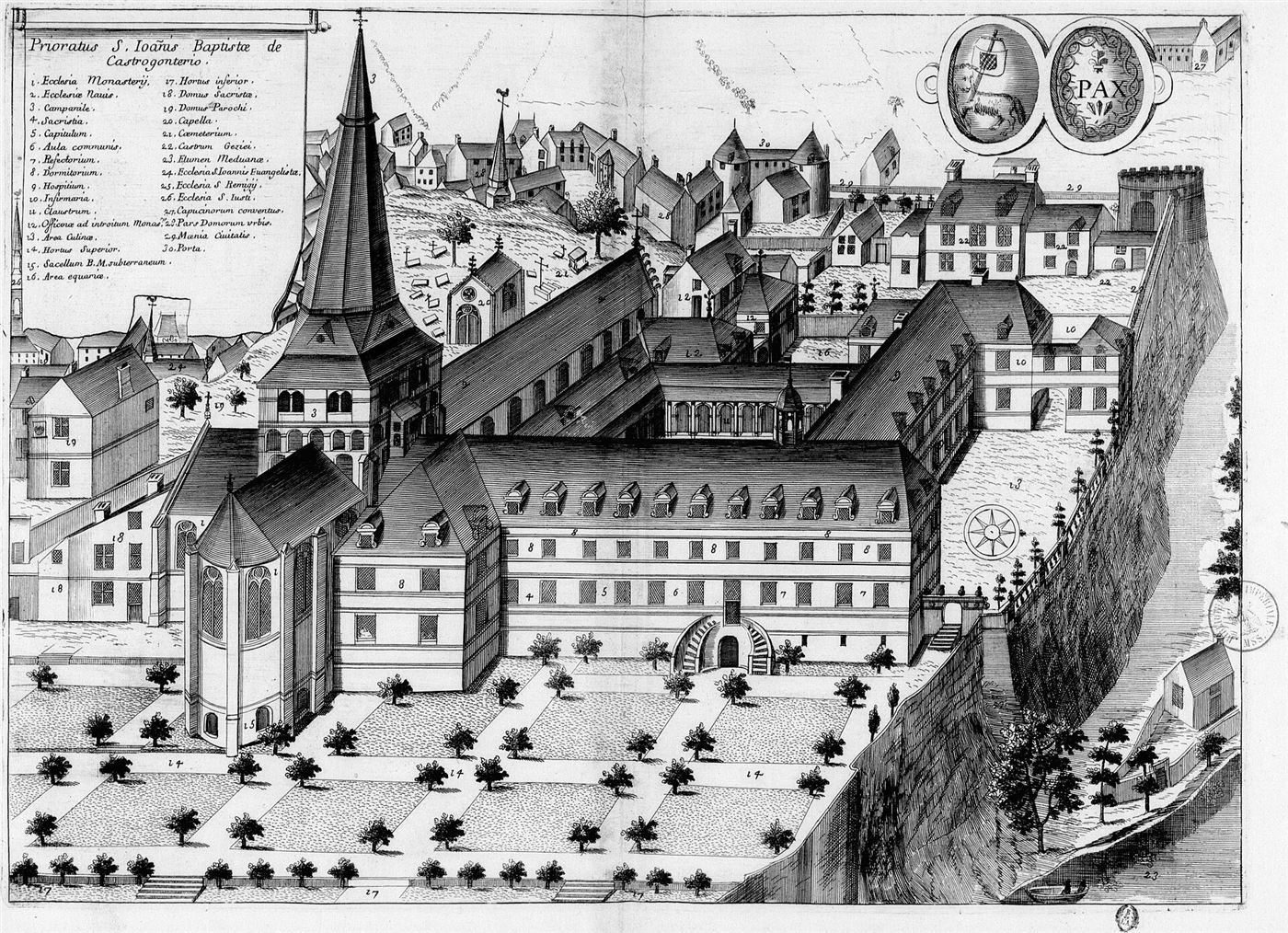 Gestochene Ansicht des Hauses im Monasticon Gallicanum: Prieuré Saint-Jean-Baptiste de Château-Gontier