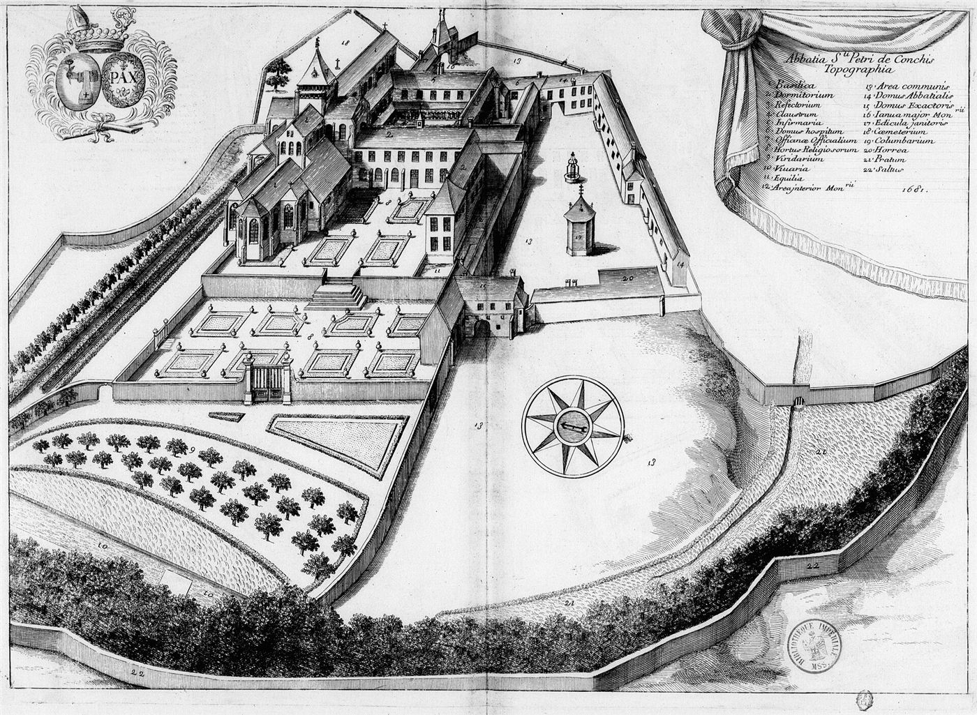 Gestochene Ansicht des Hauses im Monasticon Gallicanum: Abbaye Saint-Pierre de Conches