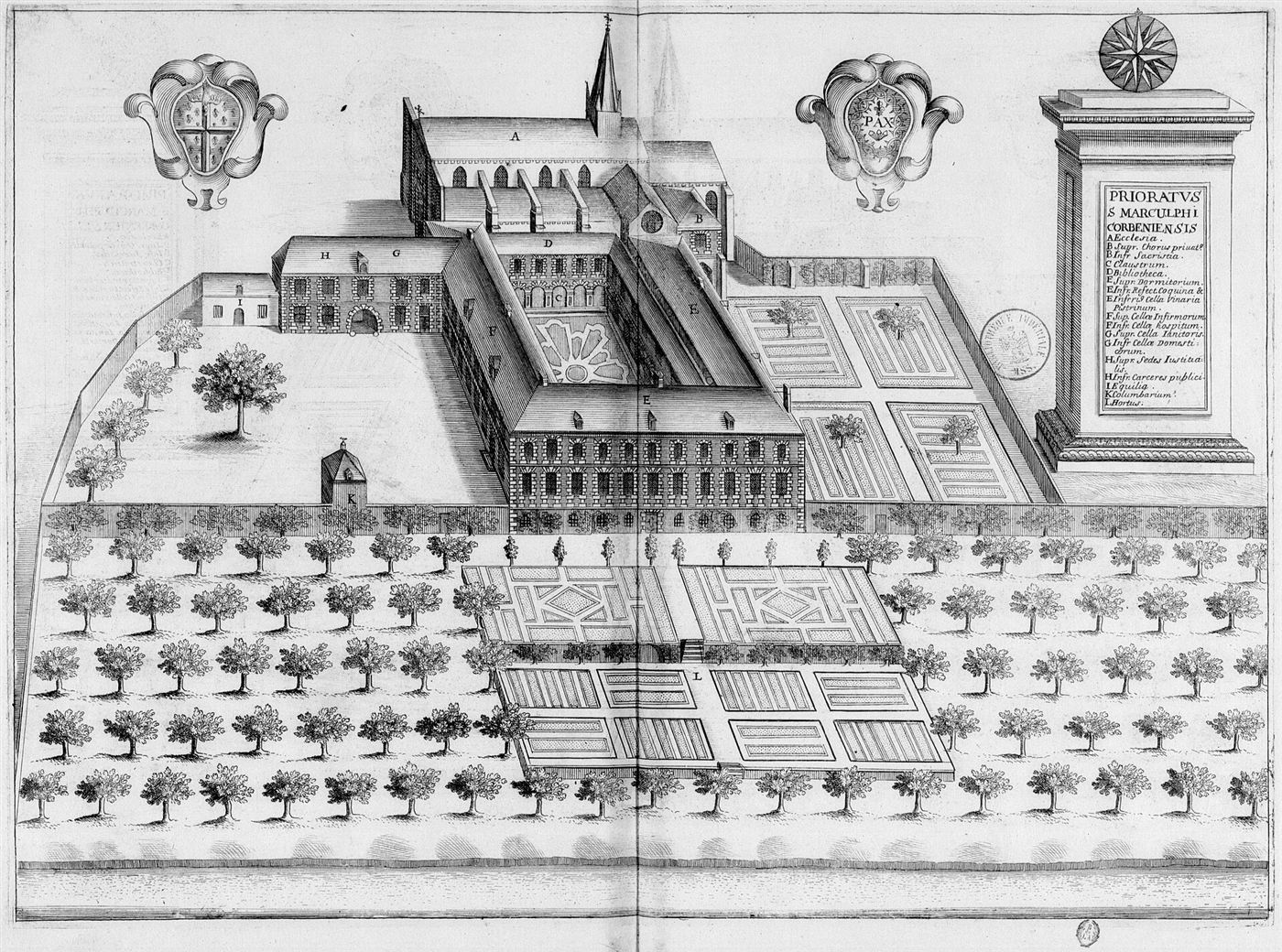 Gestochene Ansicht des Hauses im Monasticon Gallicanum: Prieuré Saint-Marcoul de Corbeny