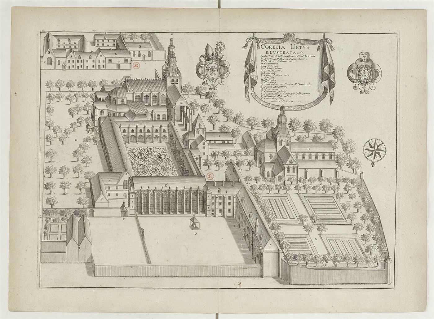 Gestochene Ansicht des Hauses im Monasticon Gallicanum: Abbaye Saint-Pierre de Corbie
