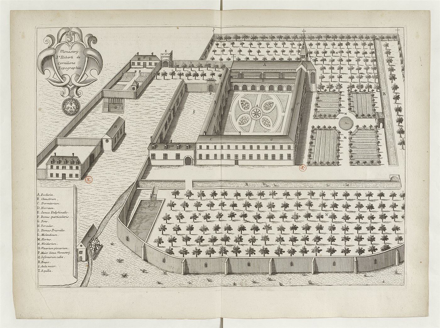 Gestochene Ansicht des Hauses im Monasticon Gallicanum: Prieuré Saint-Robert de Cornillon