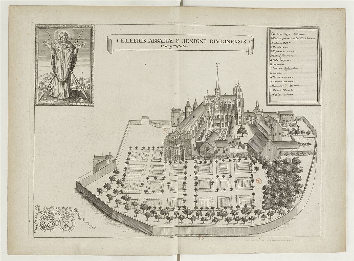 Gestochene Ansicht des Hauses im Monasticon Gallicanum: Abbaye Saint-Bénigne de Dijon