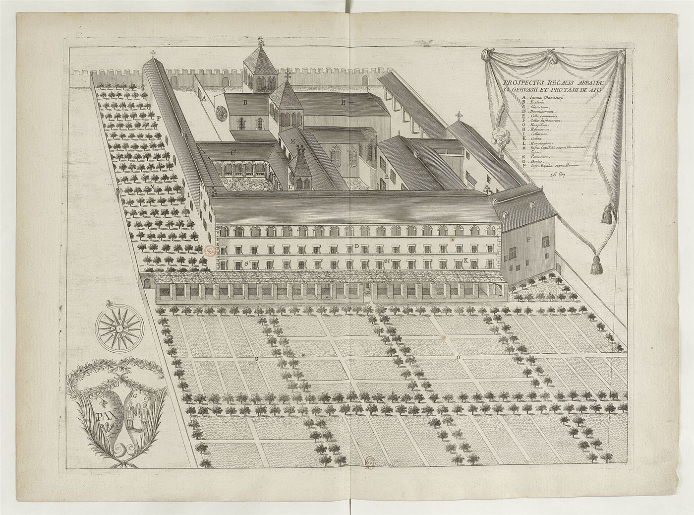 Gestochene Ansicht des Hauses im Monasticon Gallicanum: Abbaye Saint-Gervais-et-Saint-Protais d’Eysses