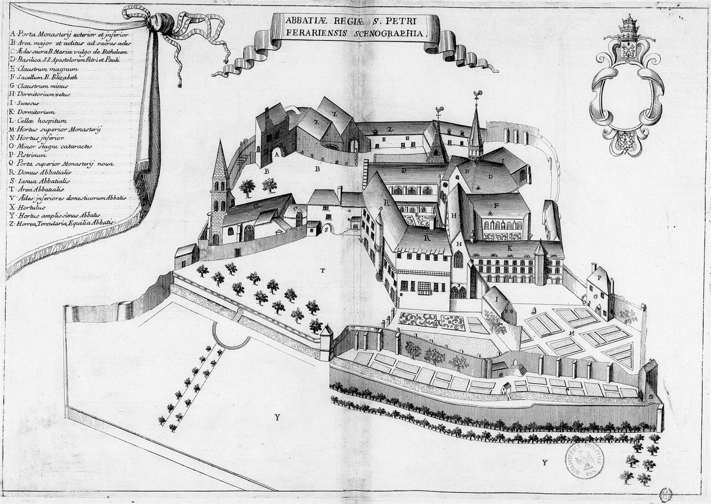 Gestochene Ansicht des Hauses im Monasticon Gallicanum: Abbaye Saint-Pierre de Ferrières-en-Gâtinais