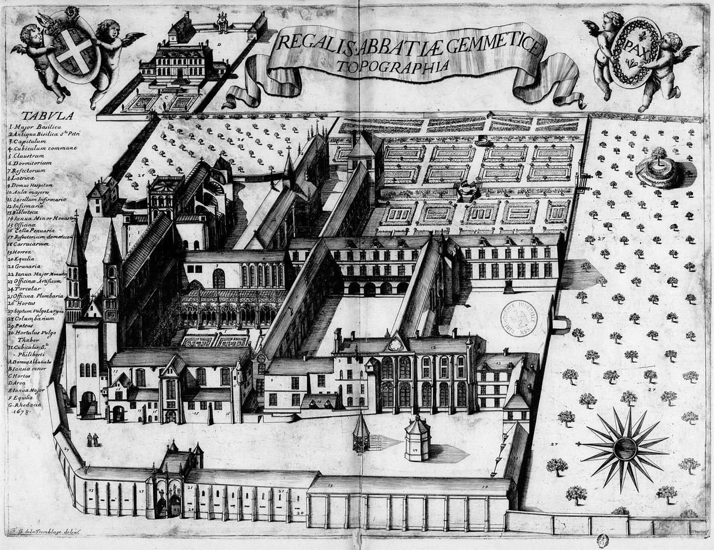Gestochene Ansicht des Hauses im Monasticon Gallicanum: Abbaye Saint-Pierre de Jumièges