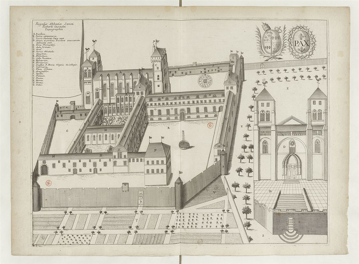Gestochene Ansicht des Hauses im Monasticon Gallicanum: Abbaye Saint-Robert de La Chaise-Dieu