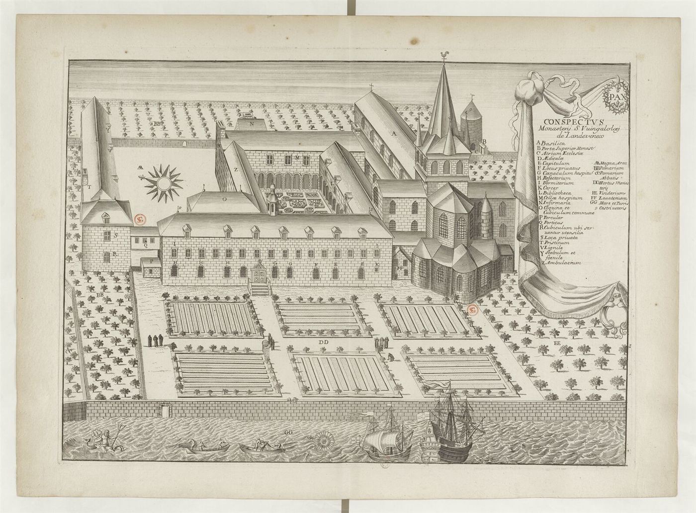 Gestochene Ansicht des Hauses im Monasticon Gallicanum: Abbaye Saint-Guénolé de Landévennec