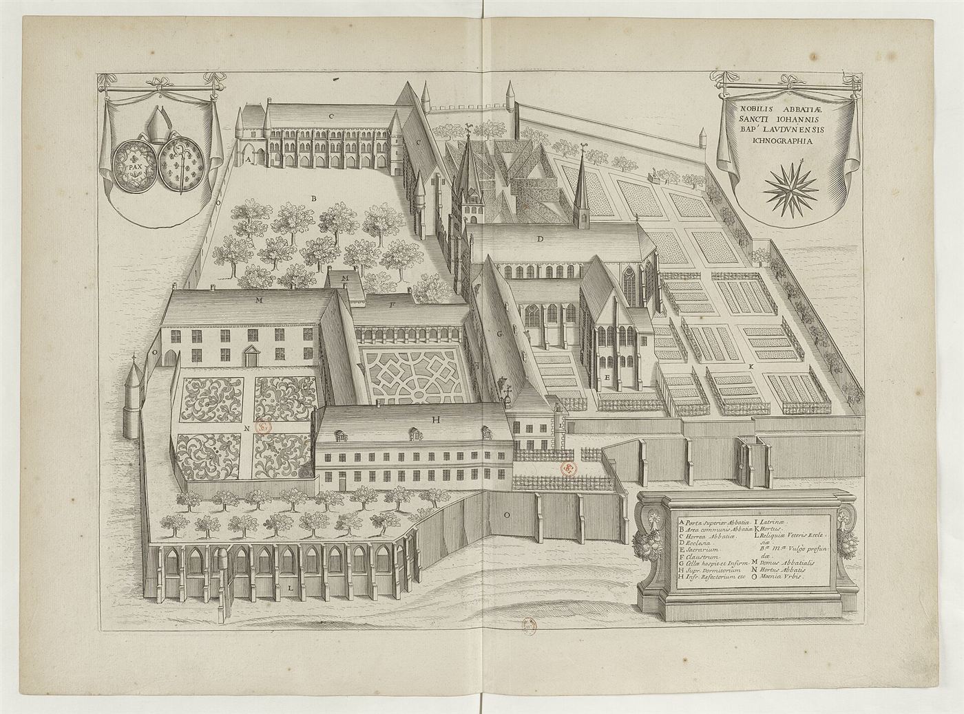 Gestochene Ansicht des Hauses im Monasticon Gallicanum: Abbaye Saint-Jean-Baptiste de Laon