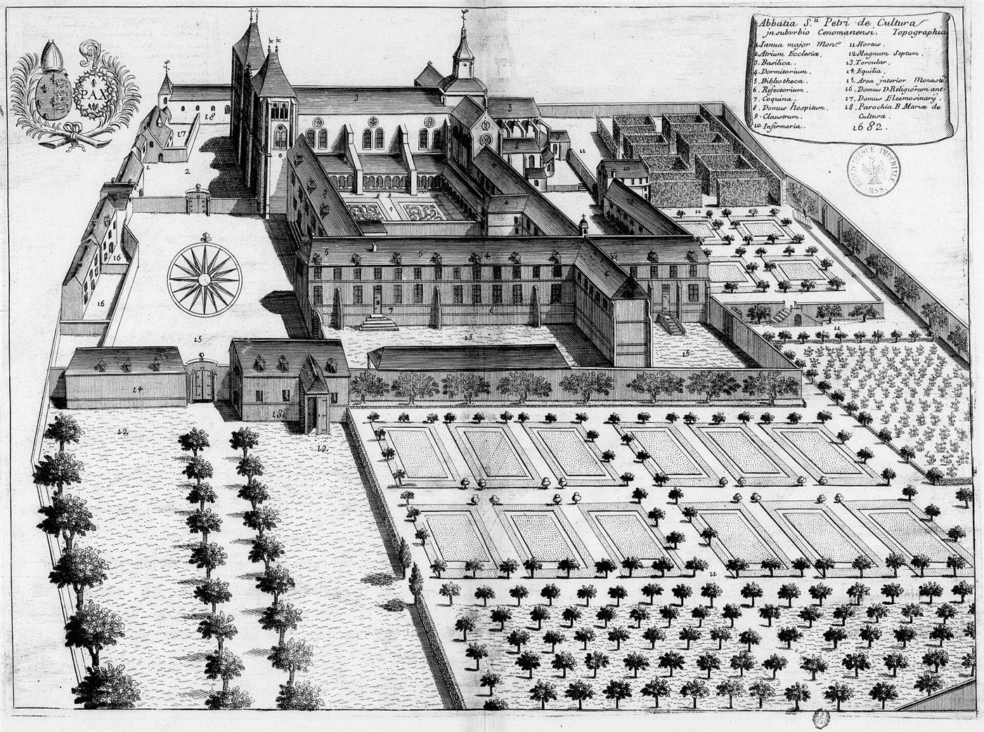 Gestochene Ansicht des Hauses im Monasticon Gallicanum: Abbaye Saint-Pierre de la Couture
