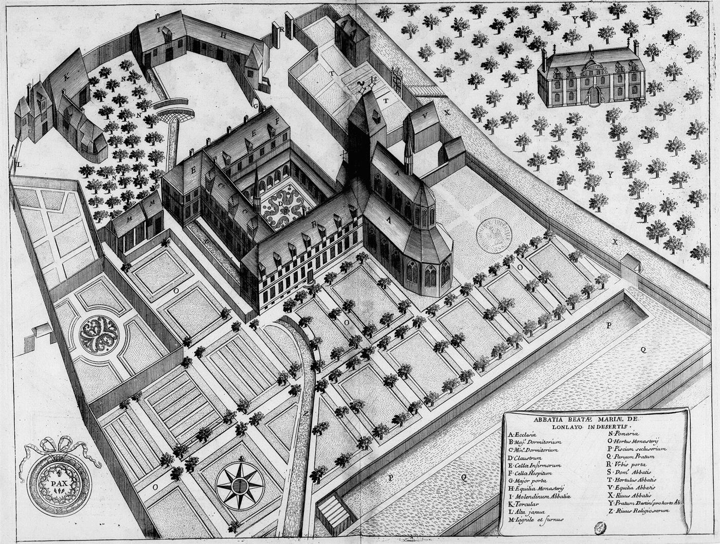 Gestochene Ansicht des Hauses im Monasticon Gallicanum: Abbaye Notre-Dame de Lonlay