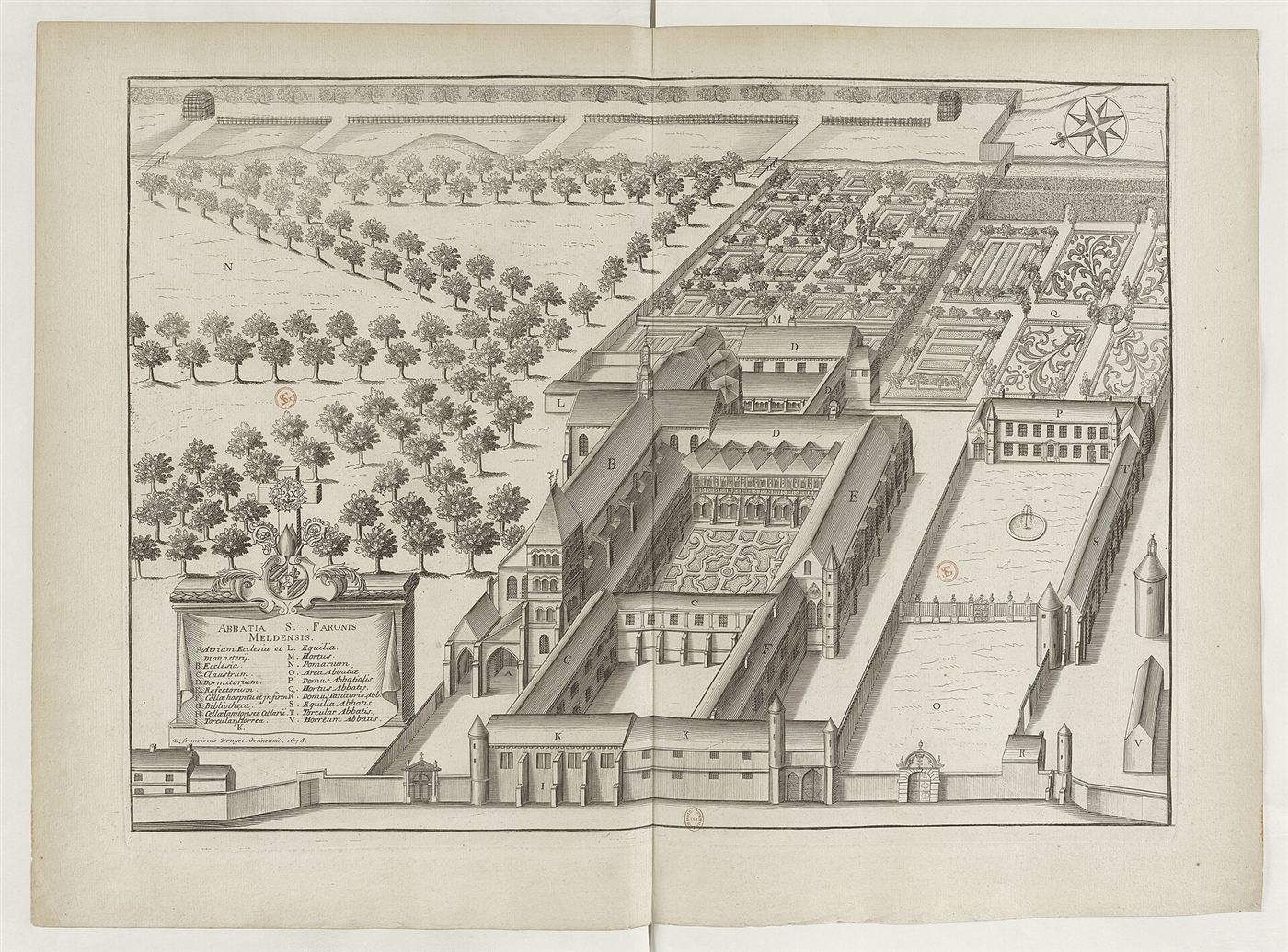 Gestochene Ansicht des Hauses im Monasticon Gallicanum: Abbaye Saint-Faron de Meaux