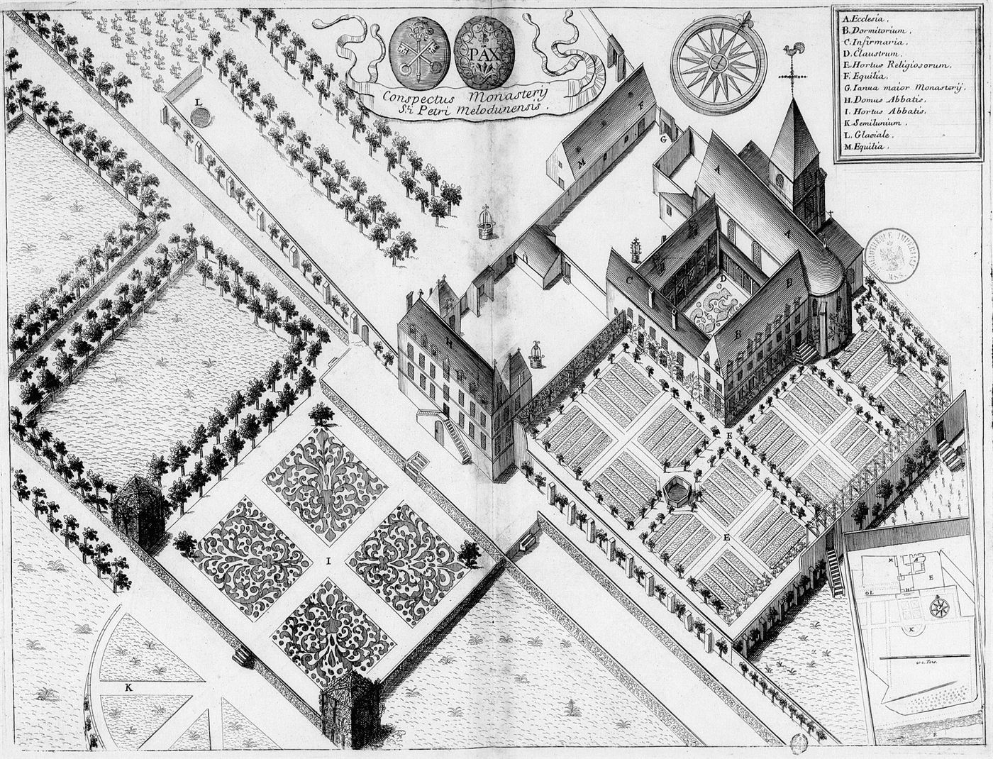 Gestochene Ansicht des Hauses im Monasticon Gallicanum: Abbaye Saint-Pierre de Melun