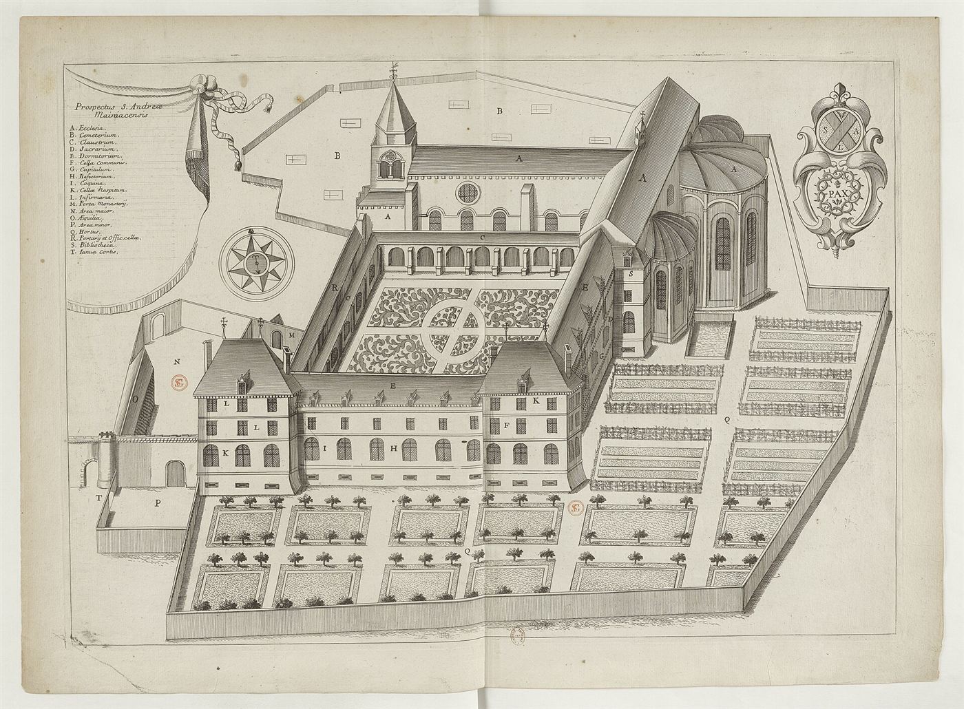 Gestochene Ansicht des Hauses im Monasticon Gallicanum: Abbaye Saint-André de Meymac
