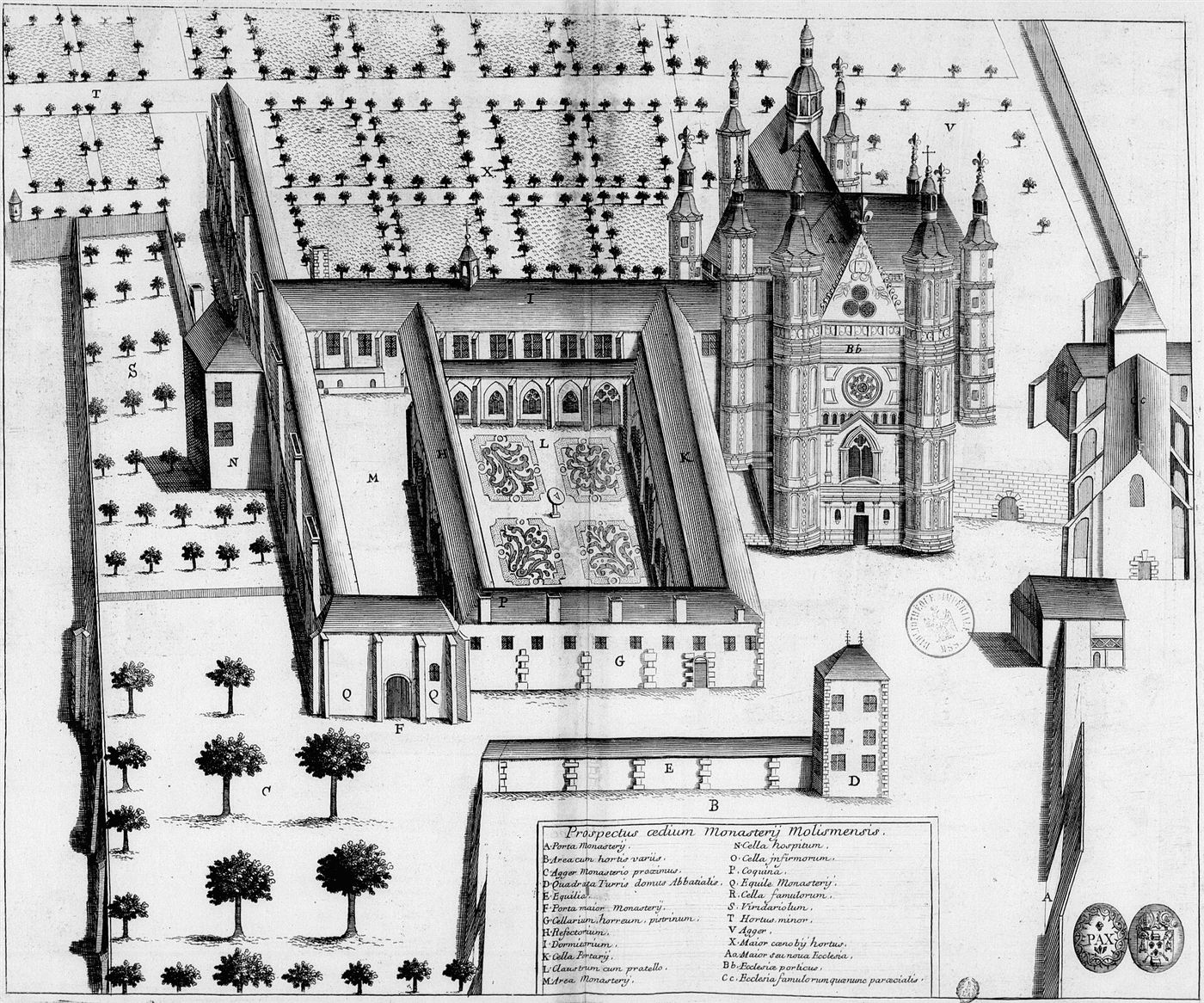 Gestochene Ansicht des Hauses im Monasticon Gallicanum: Abbaye Notre-Dame de Molesme