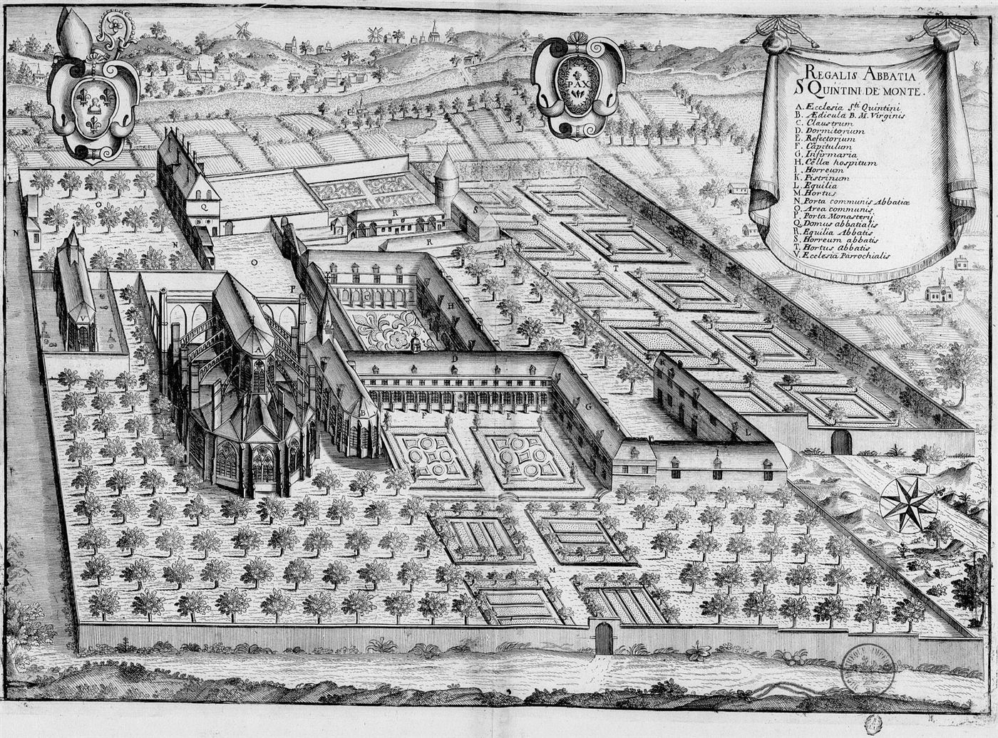 Gestochene Ansicht des Hauses im Monasticon Gallicanum: Abbaye du Mont-Saint-Quentin
