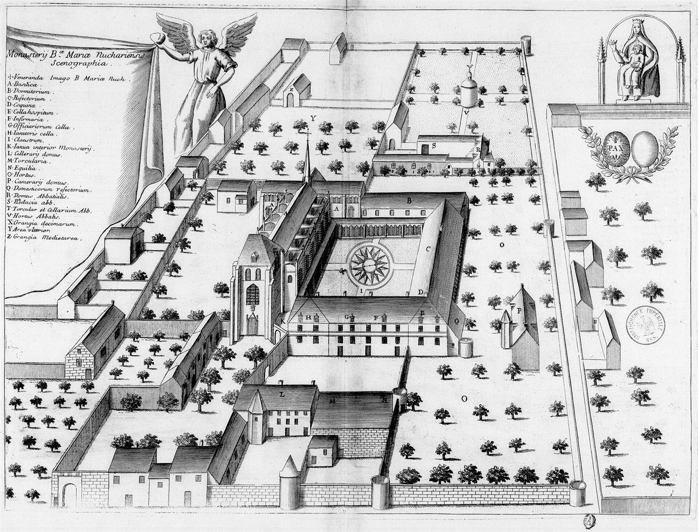 Gestochene Ansicht des Hauses im Monasticon Gallicanum: Abbaye Notre-Dame de Noyers