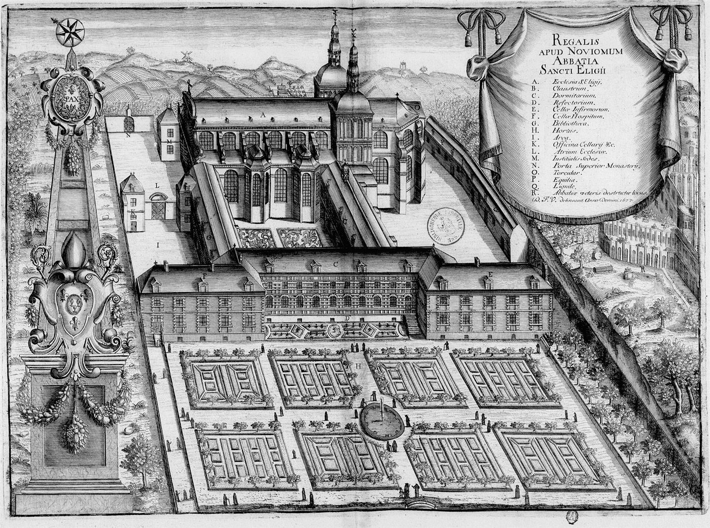 Gestochene Ansicht des Hauses im Monasticon Gallicanum: Abbaye Saint-Éloi de Noyon