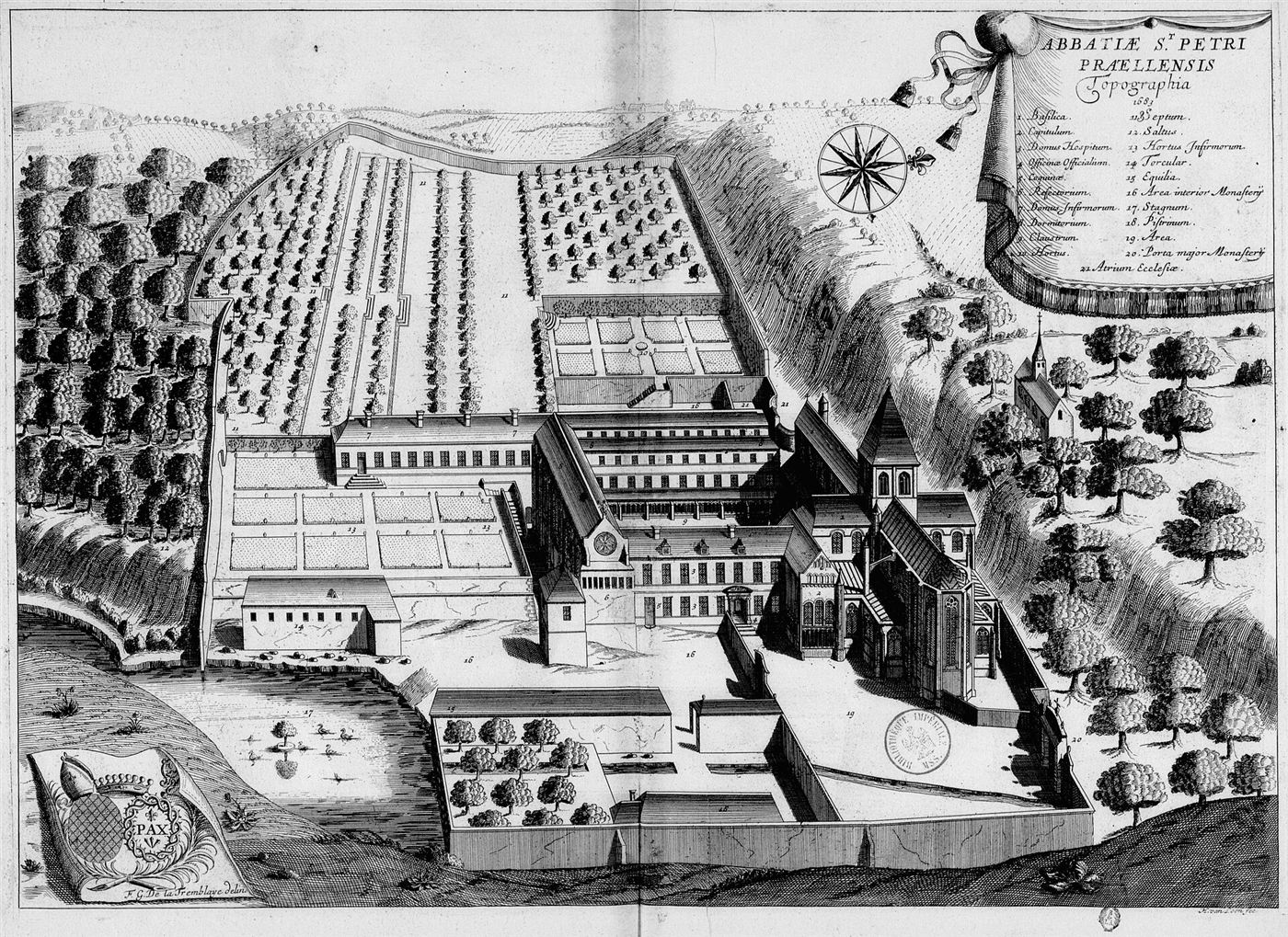 Gestochene Ansicht des Hauses im Monasticon Gallicanum: Abbaye Saint-Pierre de Préaux