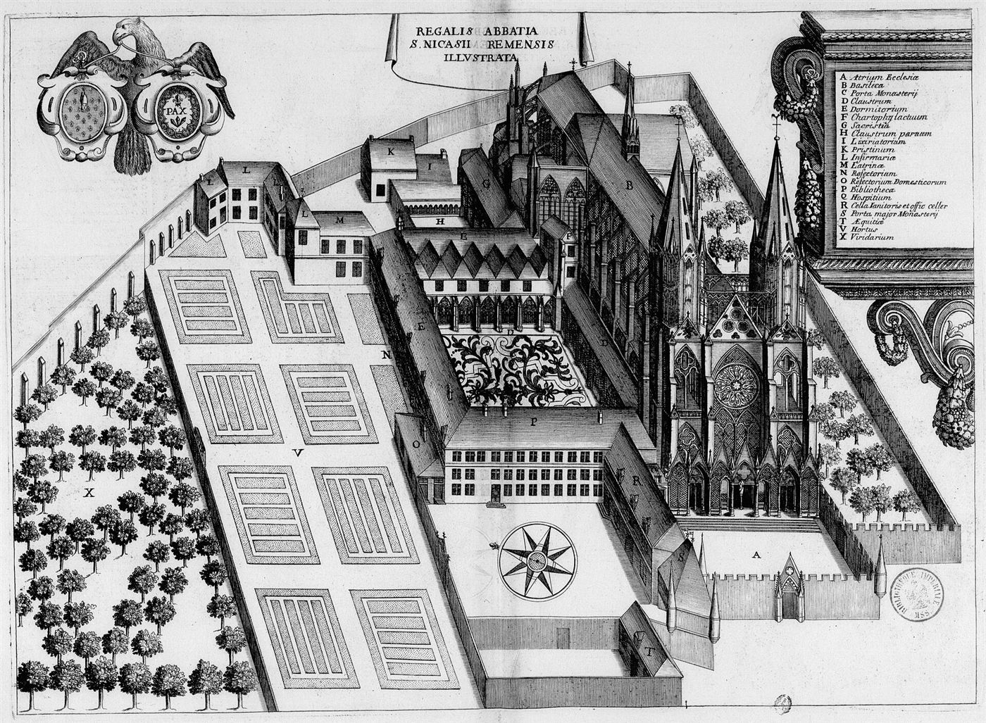 Gestochene Ansicht des Hauses im Monasticon Gallicanum: Abbaye Saint-Nicaise de Reims