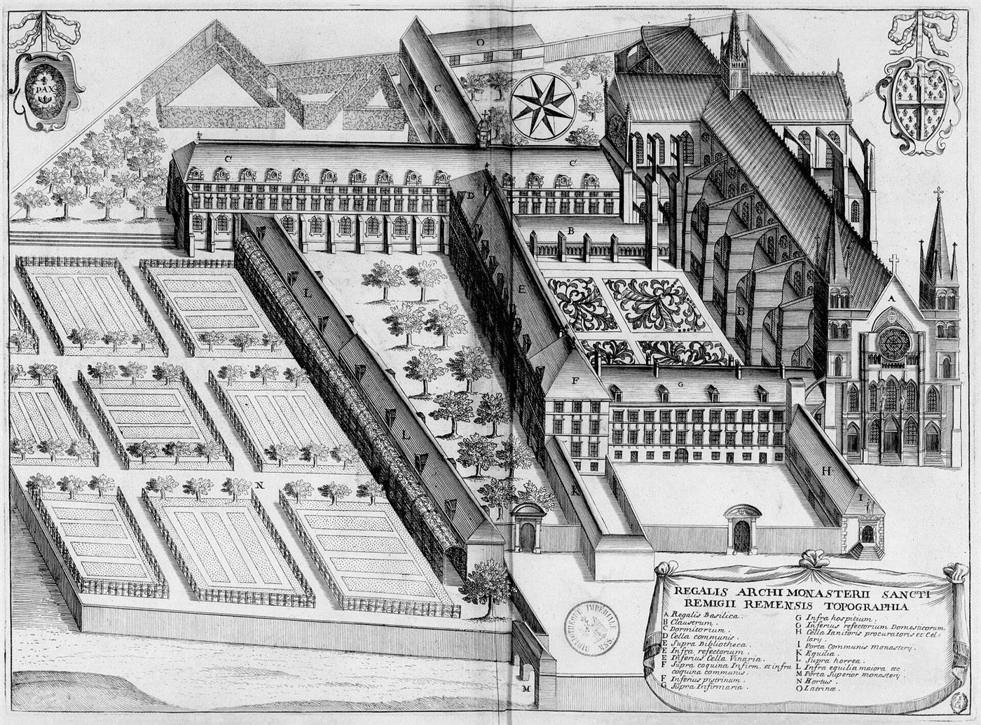 Gestochene Ansicht des Hauses im Monasticon Gallicanum: Abbaye Saint-Remi de Reims
