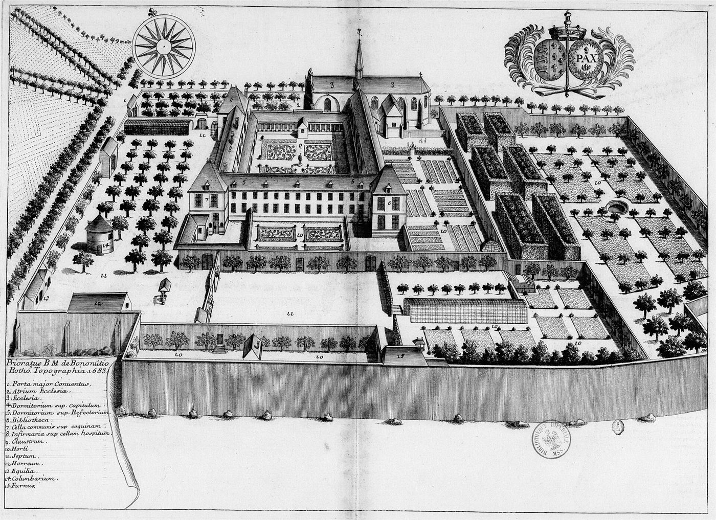 Gestochene Ansicht des Hauses im Monasticon Gallicanum: Prieuré Notre-Dame-de-Bonne-Nouvelle de Rouen