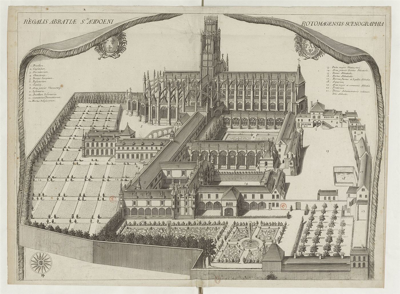 Gestochene Ansicht des Hauses im Monasticon Gallicanum: Abbaye Saint-Ouen de Rouen