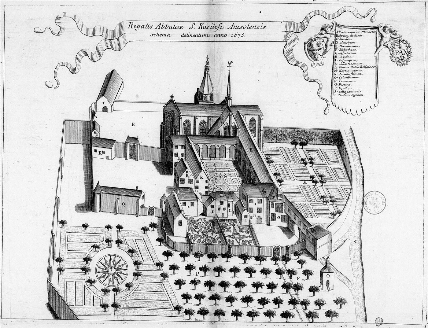 Gestochene Ansicht des Hauses im Monasticon Gallicanum: Abbaye de Saint-Calais