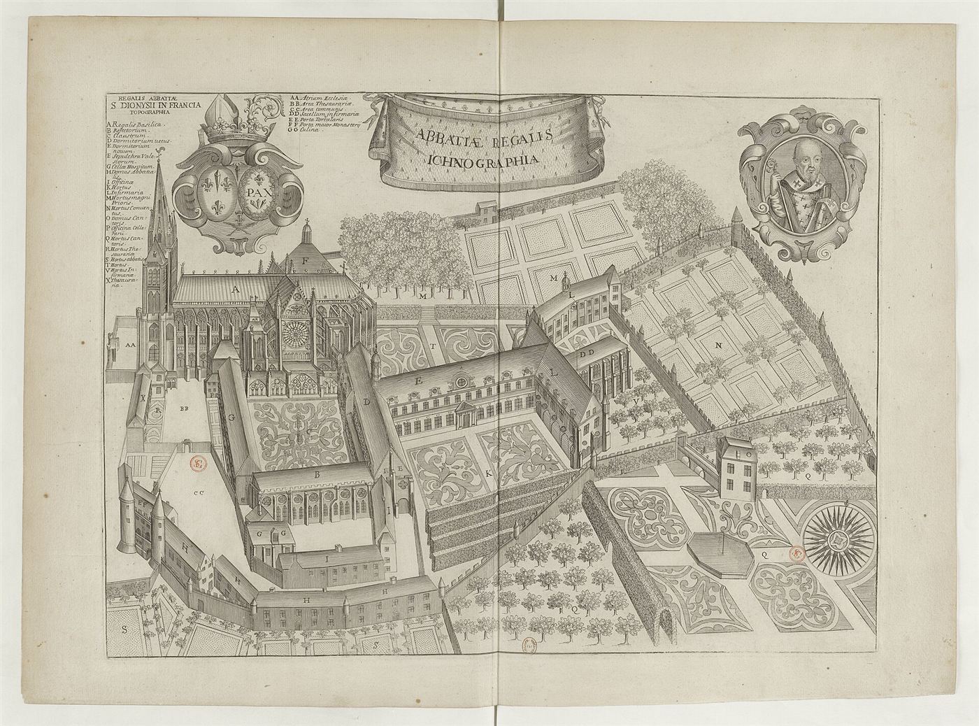 Gestochene Ansicht des Hauses im Monasticon Gallicanum: Abbaye de Saint-Denis