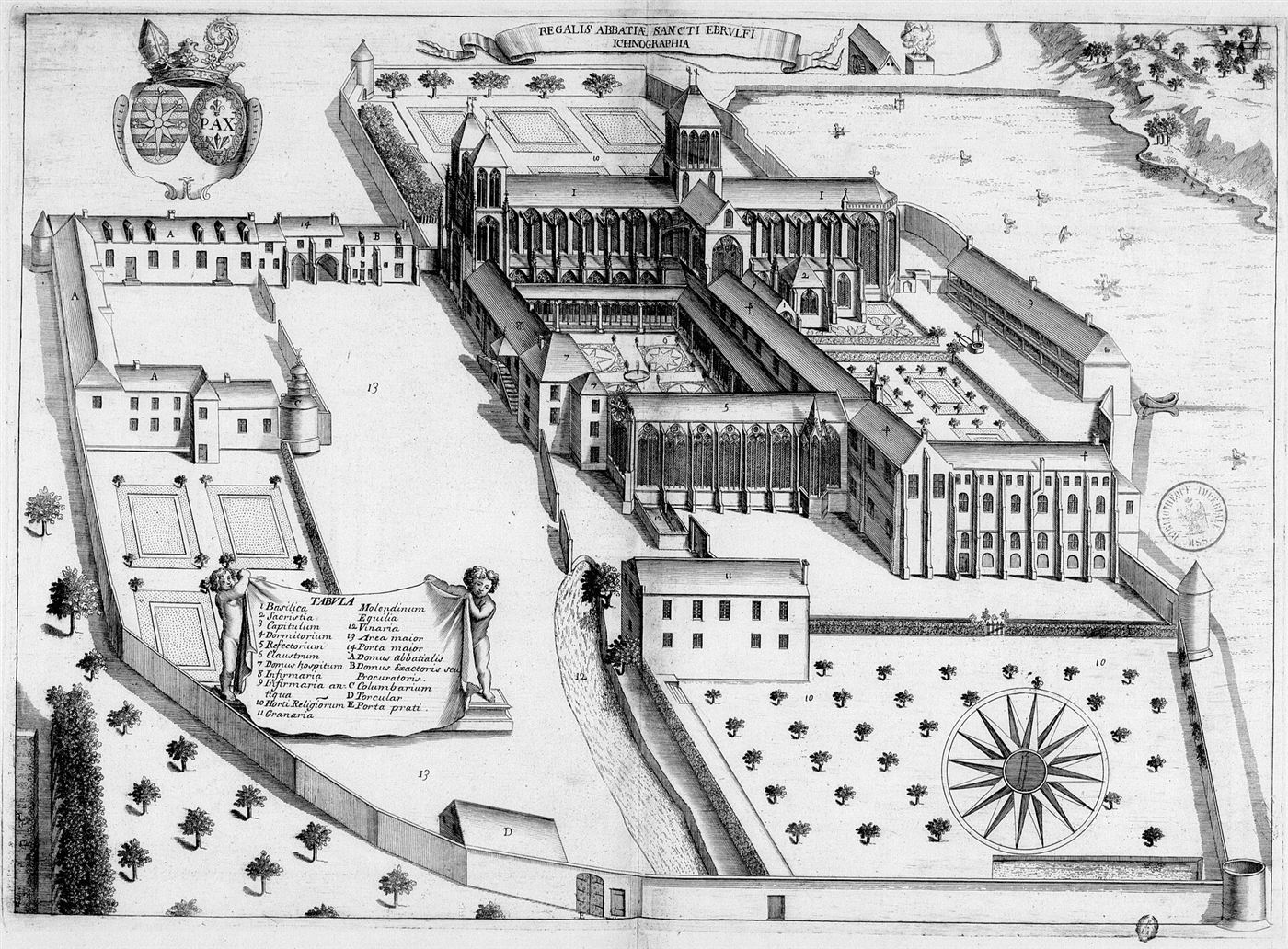 Gestochene Ansicht des Hauses im Monasticon Gallicanum: Abbaye Saint-Évroult d’Ouche