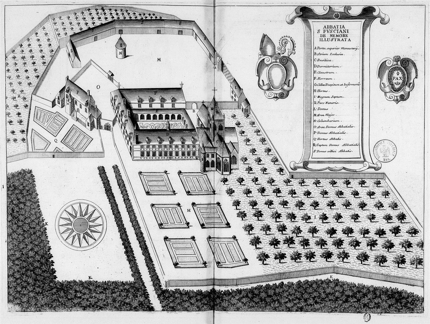 Gestochene Ansicht des Hauses im Monasticon Gallicanum: Abbaye Saint-Fuscien-aux-Bois