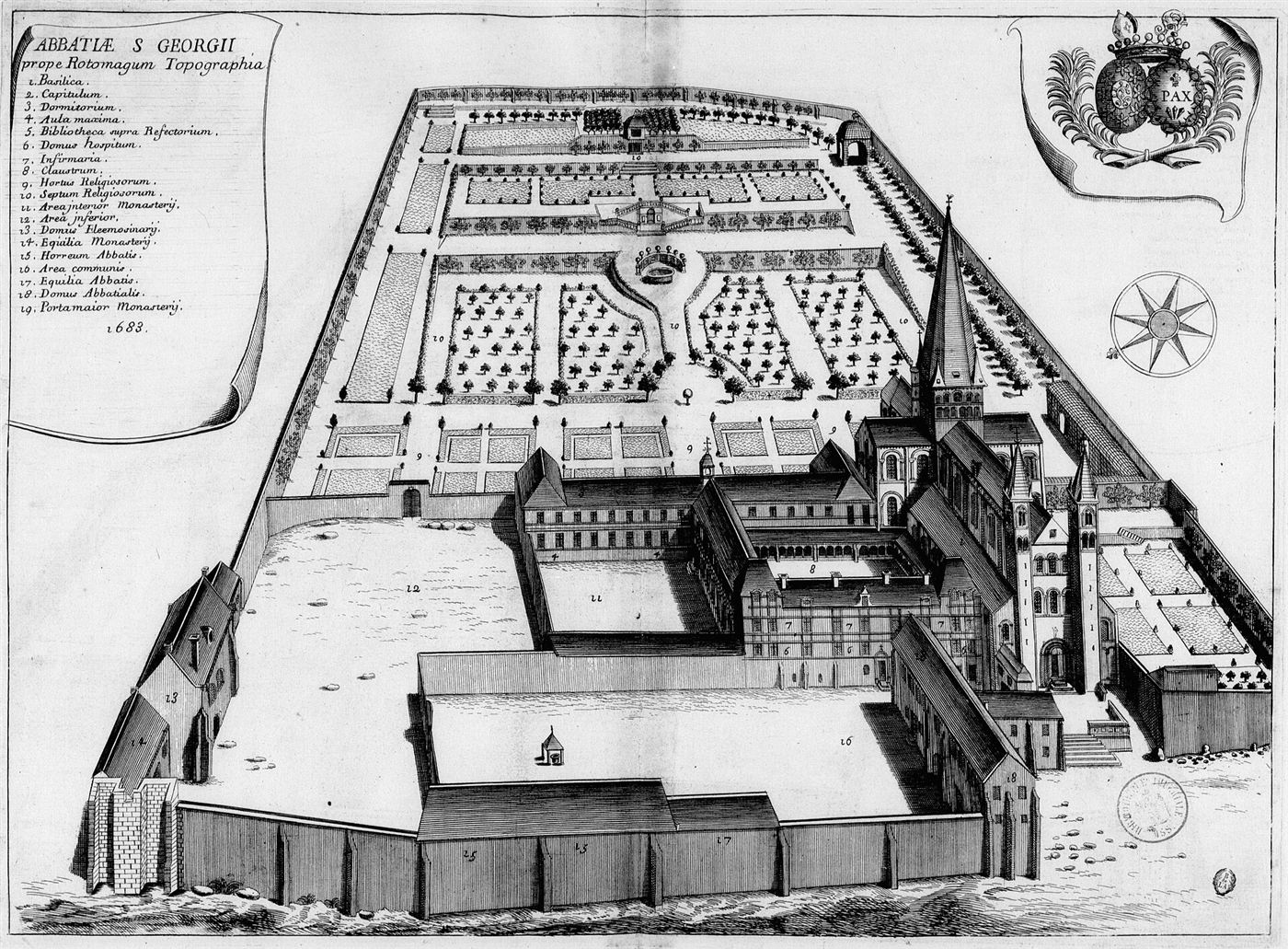 Gestochene Ansicht des Hauses im Monasticon Gallicanum: Abbaye Saint-Georges de Boscherville