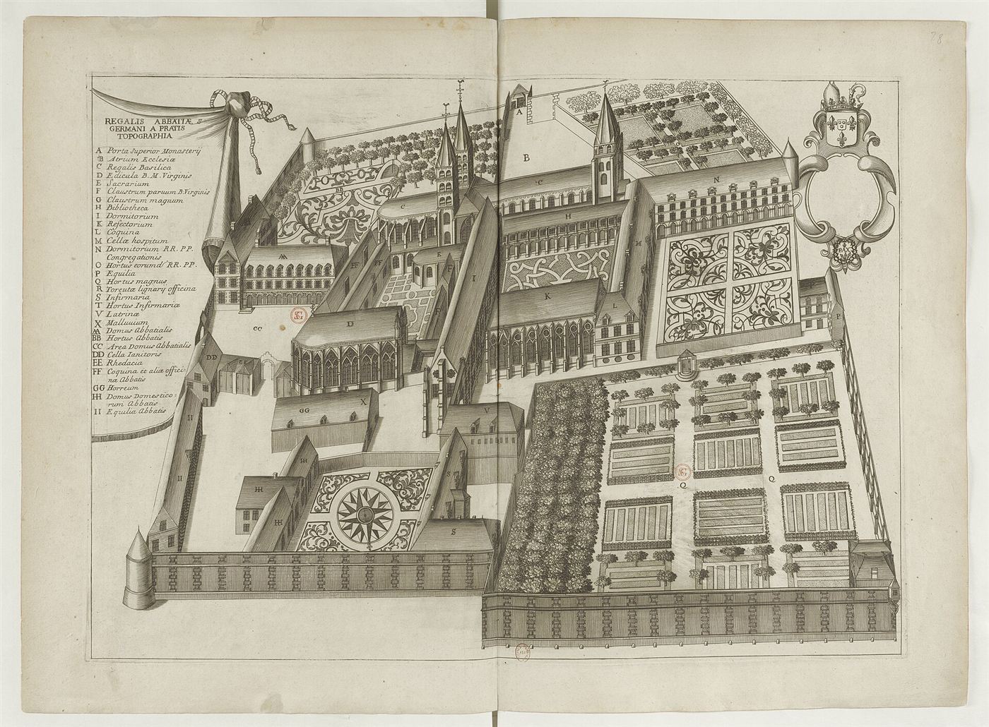 Gestochene Ansicht des Hauses im Monasticon Gallicanum: Abbaye Saint-Germain-des-Prés