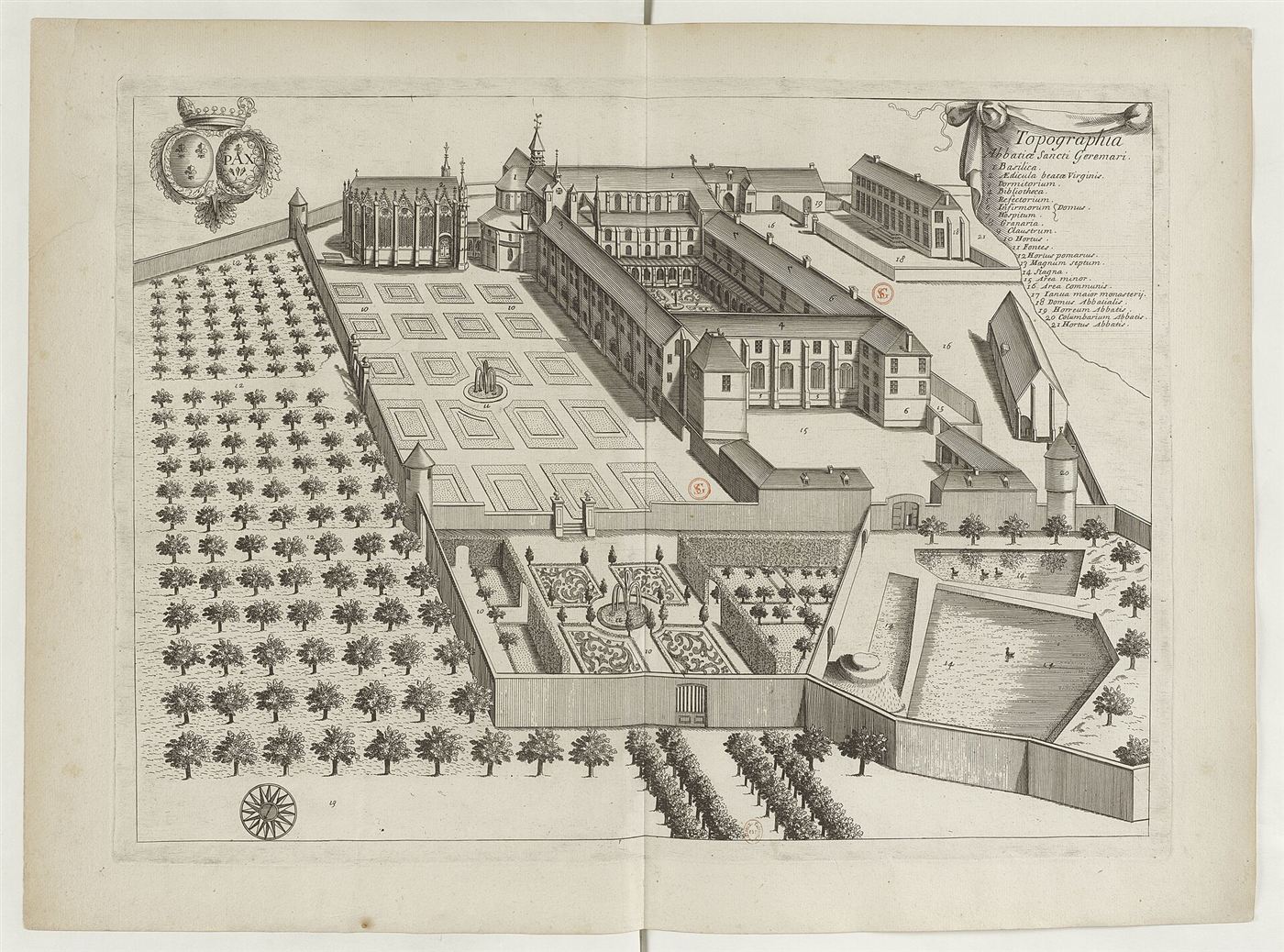 Gestochene Ansicht des Hauses im Monasticon Gallicanum: Abbaye Saint-Germer de Flay