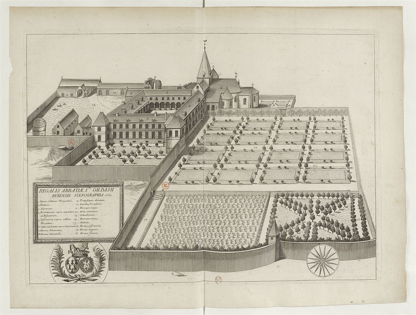 Gestochene Ansicht des Hauses im Monasticon Gallicanum: Abbaye Saint-Gildas de Rhuys