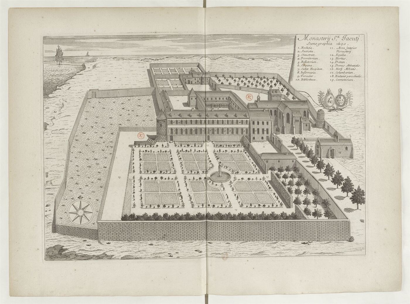 Gestochene Ansicht des Hauses im Monasticon Gallicanum: Abbaye Saint-Jacut