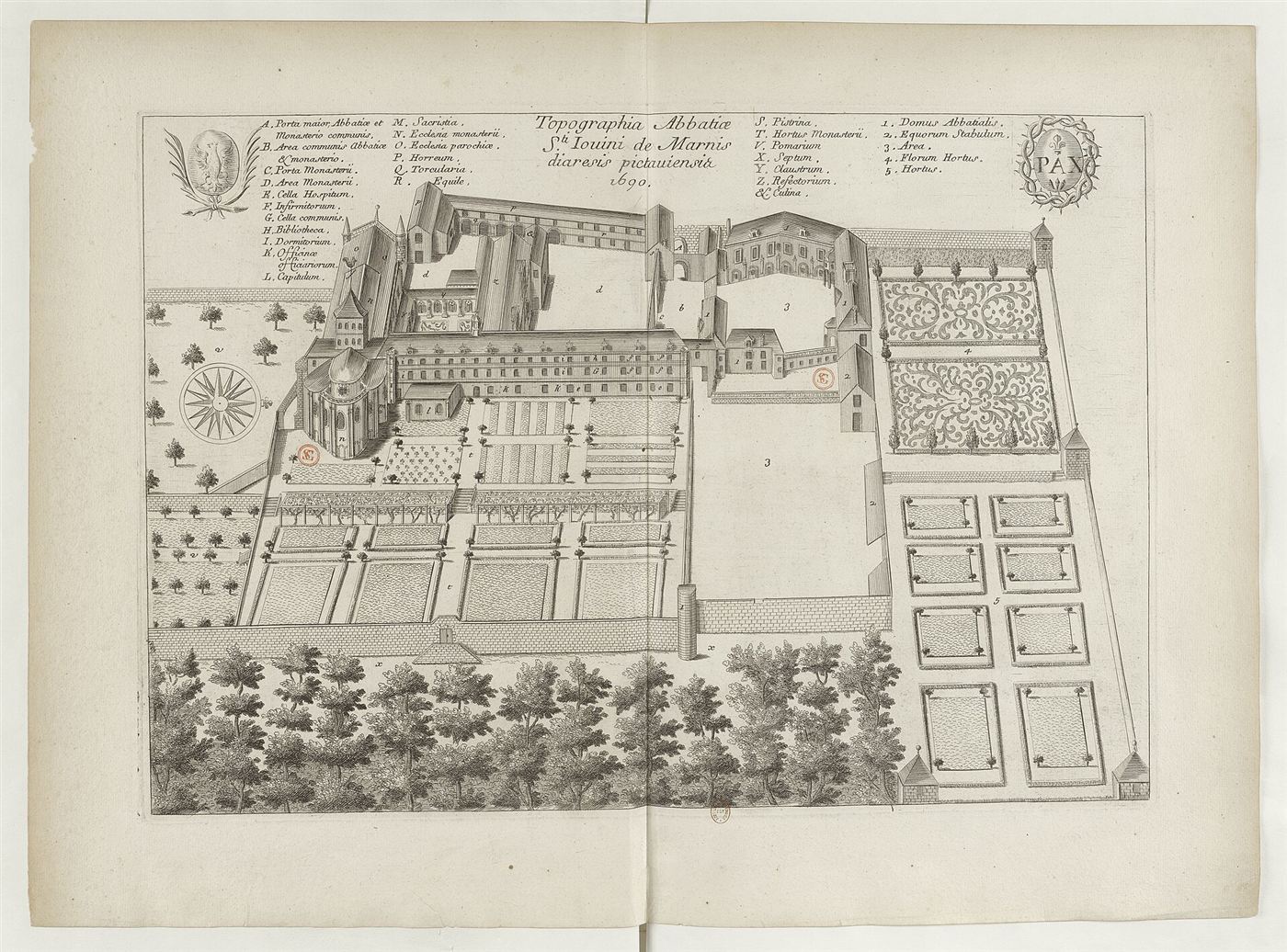 Gestochene Ansicht des Hauses im Monasticon Gallicanum: Abbaye de Saint-Jouin-de-Marnes