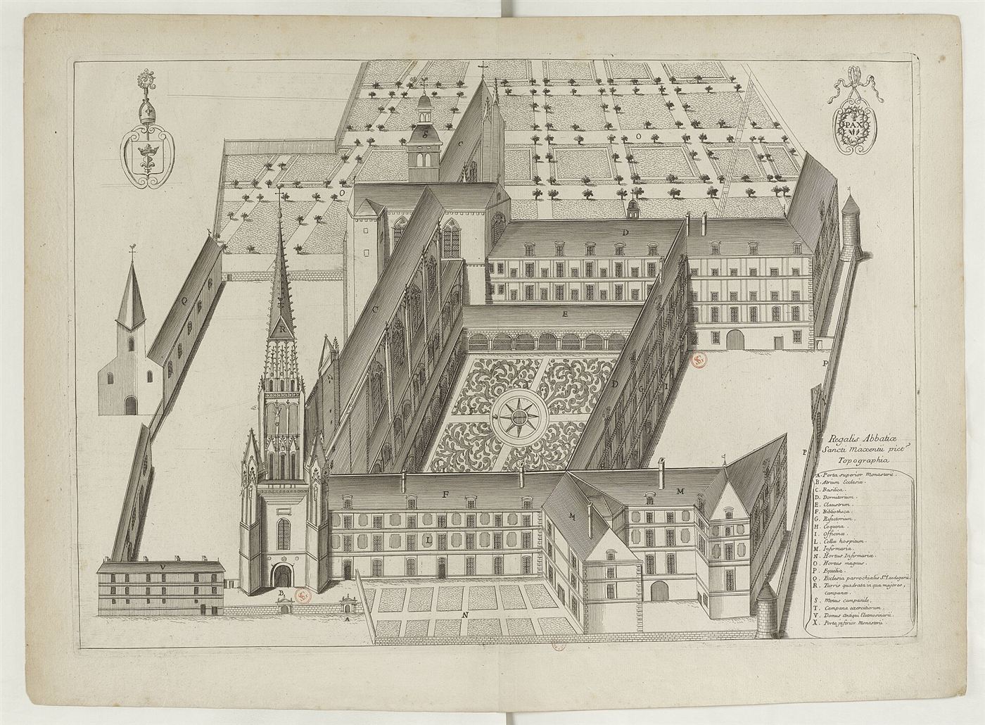 Gestochene Ansicht des Hauses im Monasticon Gallicanum: Abbaye de Saint-Maixent