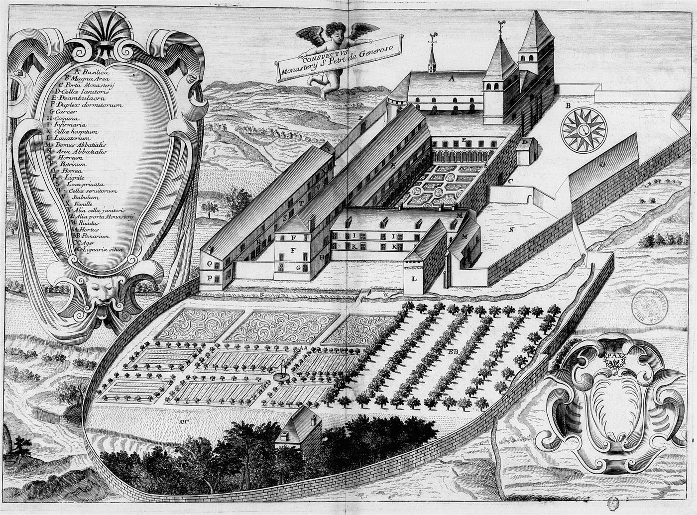 Gestochene Ansicht des Hauses im Monasticon Gallicanum: Abbaye Saint-Pierre de Saint-Pé-de-Générez