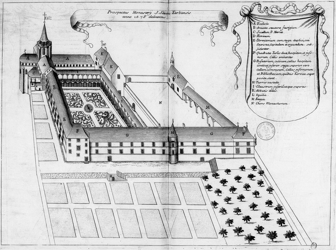 Gestochene Ansicht des Hauses im Monasticon Gallicanum: Abbaye de Saint-Savin (en Lavedan)
