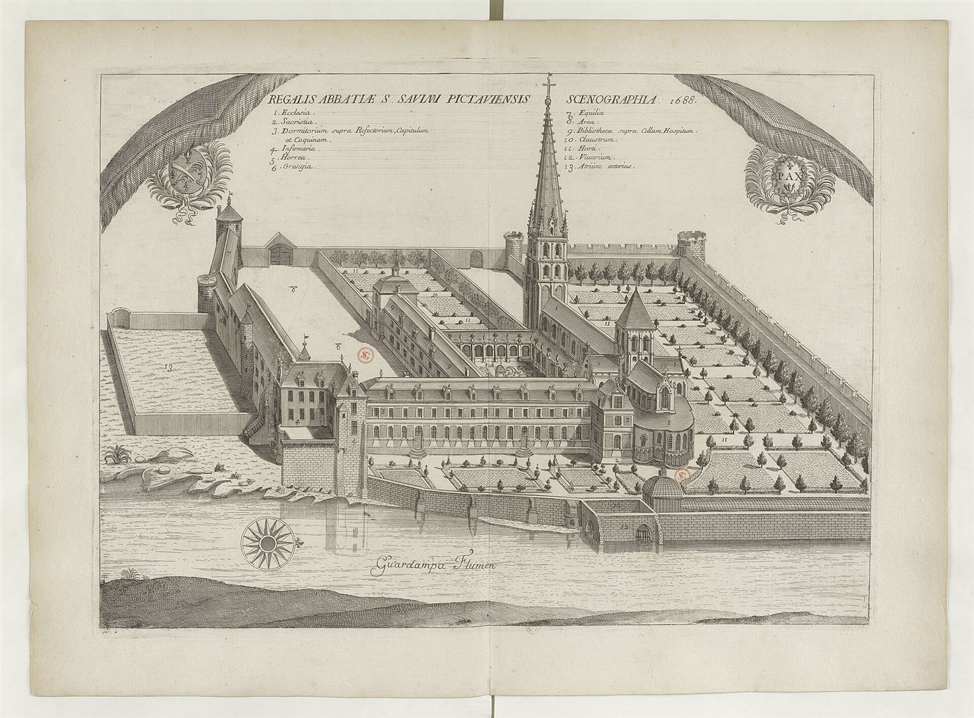 Gestochene Ansicht des Hauses im Monasticon Gallicanum: Abbaye de Saint-Savin-sur-Gartempe