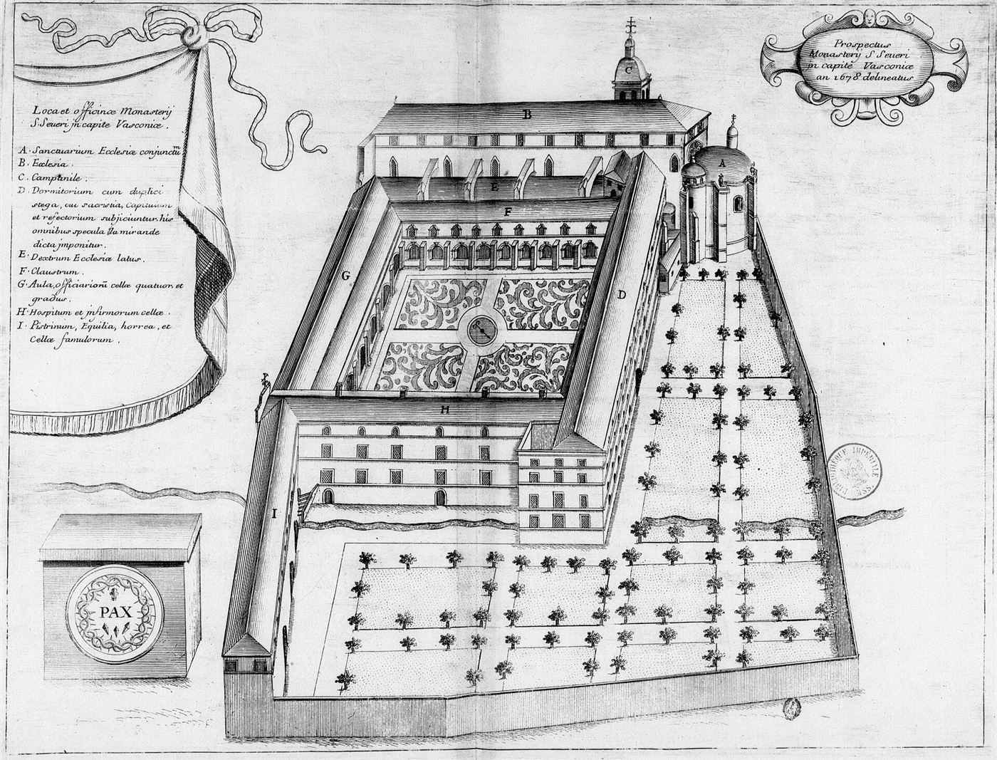 Gestochene Ansicht des Hauses im Monasticon Gallicanum: Abbaye de Saint-Sever (Saint-Sever-Cap-de-Gascogne)