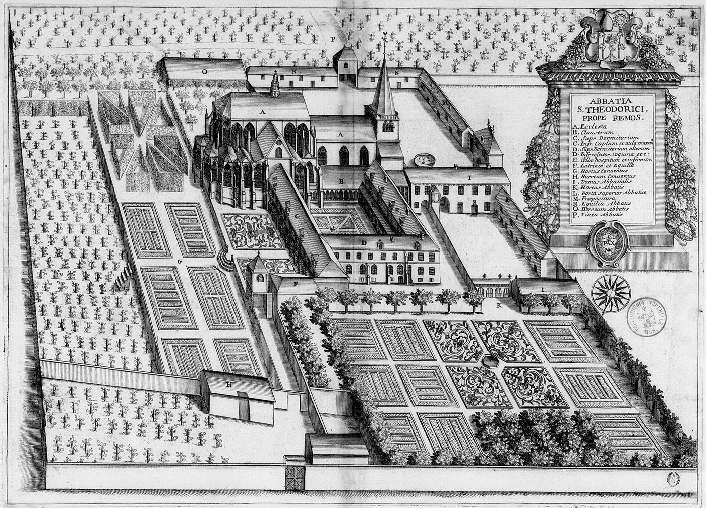 Gestochene Ansicht des Hauses im Monasticon Gallicanum: Abbaye de Saint-Thierry au Mont d’Hor